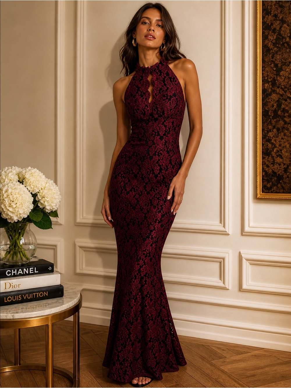 Vintage Nightway Burgundy Lace Halter Maxi Gown Size 6P Petite